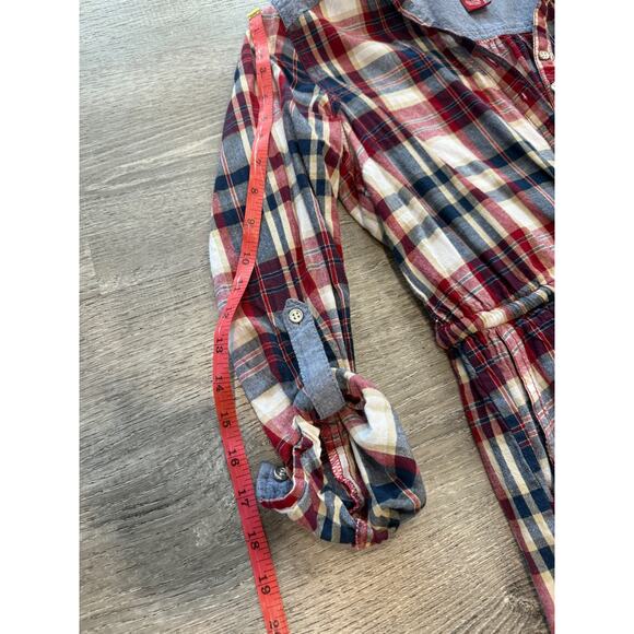 Red Ranch Plaid Tunic dress Medium long sleeve 3 Pockets tie String button - Picture 6 of 6